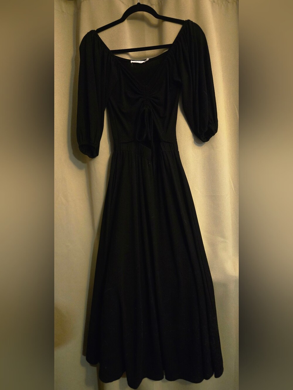 Black Puff-Sleeve Maxi Dress with Ruched Tie Front